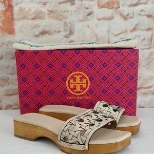 New Tory Burch Basketweave Calfskin Clog Sandals